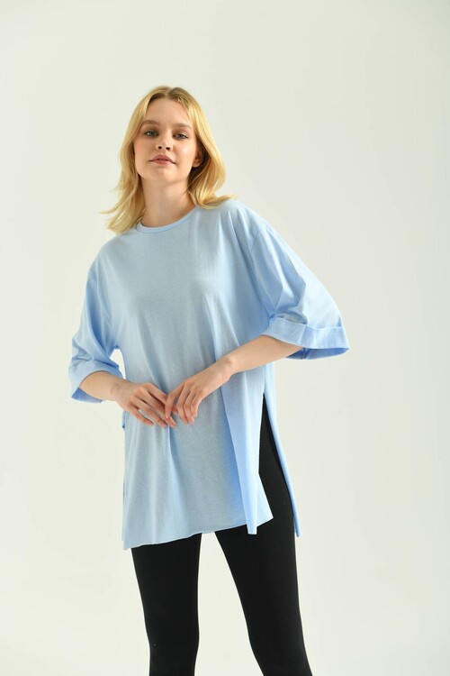 Light Blue Double Sleeve Wide Cut Asymmetrical Slit Knitted T-Shirt