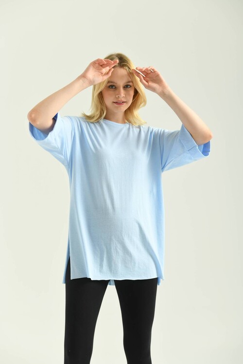 Light Blue Double Sleeve Wide Cut Asymmetrical Slit Knitted T-Shirt