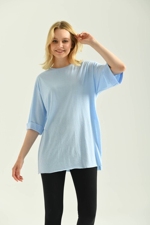 Light Blue Double Sleeve Wide Cut Asymmetrical Slit Knitted T-Shirt