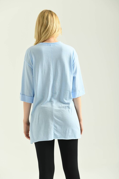 Light Blue Double Sleeve Wide Cut Asymmetrical Slit Knitted T-Shirt