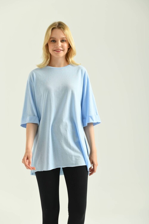 Light Blue Double Sleeve Wide Cut Asymmetrical Slit Knitted T-Shirt