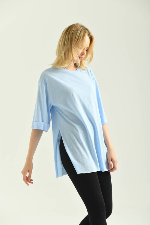 Light Blue Double Sleeve Wide Cut Asymmetrical Slit Knitted T-Shirt