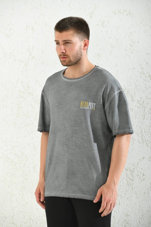 Anthracite Print Detailed Oversize T-Shirt