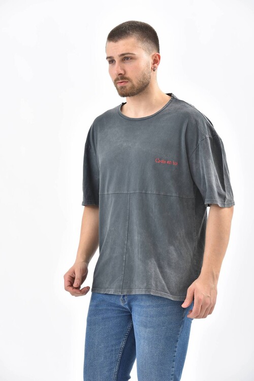 Anthracite Crew Neck Embroidery Detailed T-Shirt