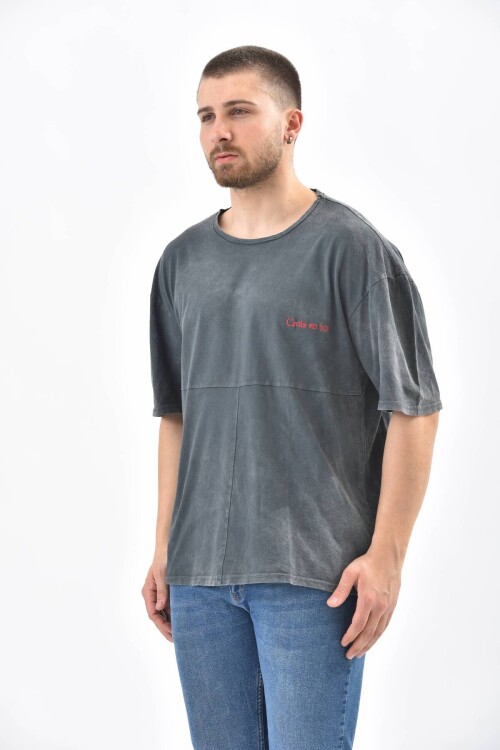Anthracite Crew Neck Embroidery Detailed T-Shirt