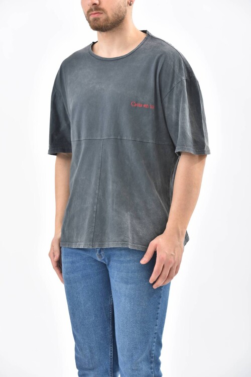 Anthracite Crew Neck Embroidery Detailed T-Shirt