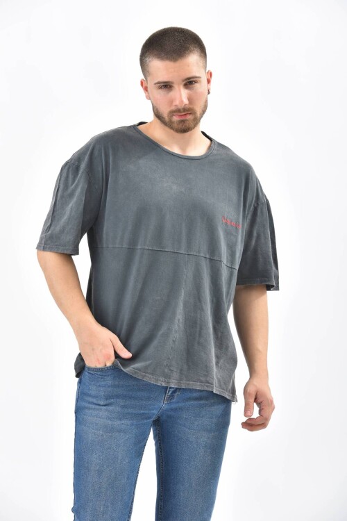 Anthracite Crew Neck Embroidery Detailed T-Shirt