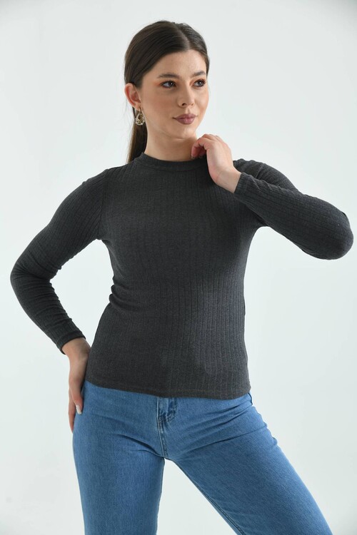 Anthracite Stand Collar Long Sleeve Ribbed Knitted Blouse