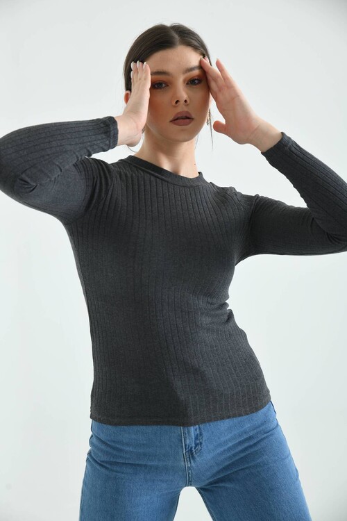 Anthracite Stand Collar Long Sleeve Ribbed Knitted Blouse