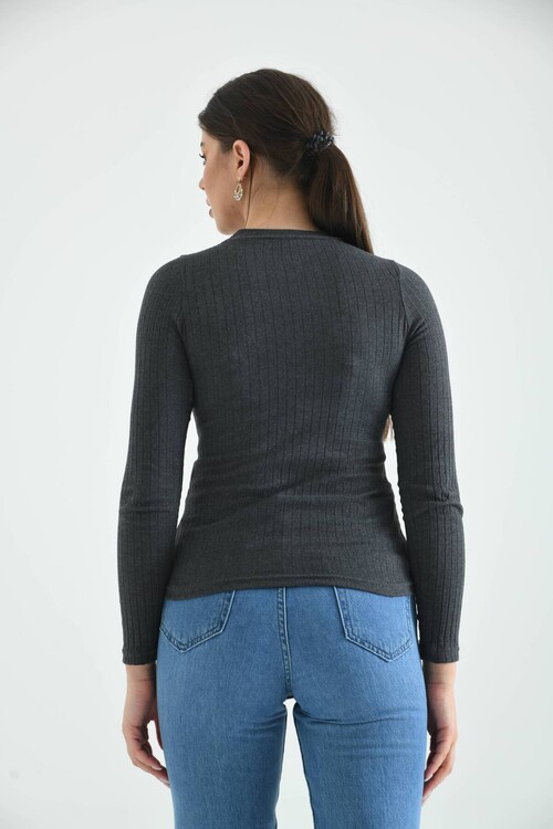 Anthracite Stand Collar Long Sleeve Ribbed Knitted Blouse