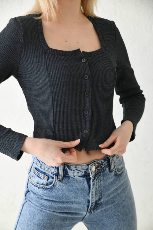 Anthracite Button Detailed Knitted Crop Blouse