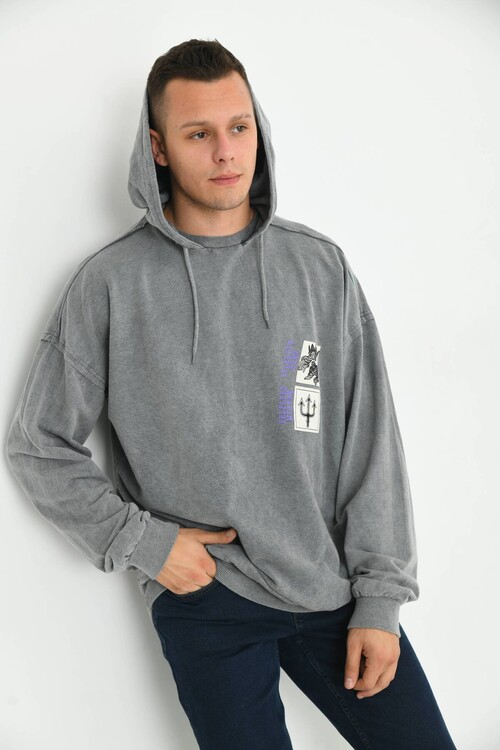 Anthracite Men Hoodie Ocean Print Detail Sweatshirt