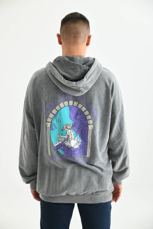 Anthracite Men Hoodie Ocean Print Detail Sweatshirt