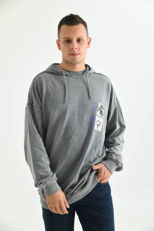 Anthracite Men Hoodie Ocean Print Detail Sweatshirt