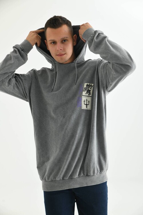 Anthracite Men Hoodie Ocean Print Detail Sweatshirt