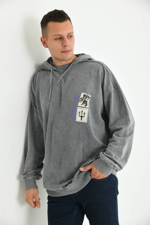 Anthracite Men Hoodie Ocean Print Detail Sweatshirt