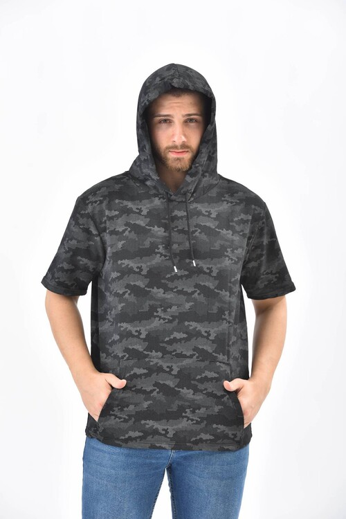 Anthracite Camouflage Pattern Hooded Short Sleeve Sweatshirt