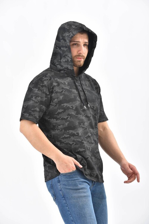 Anthracite Camouflage Pattern Hooded Short Sleeve Sweatshirt