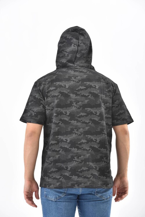 Anthracite Camouflage Pattern Hooded Short Sleeve Sweatshirt