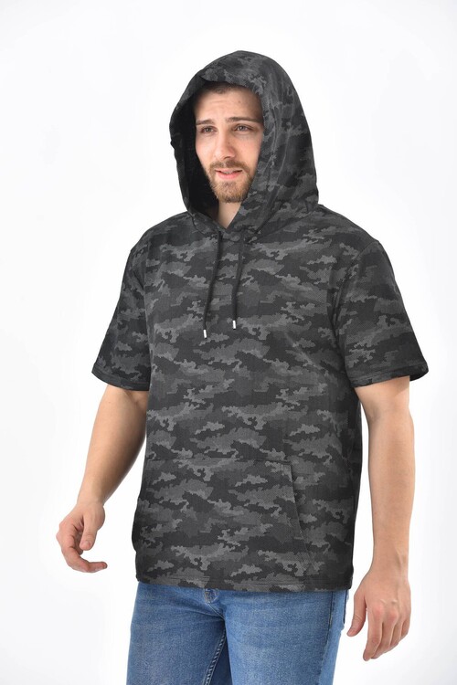 Anthracite Camouflage Pattern Hooded Short Sleeve Sweatshirt