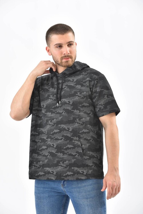 Anthracite Camouflage Pattern Hooded Short Sleeve Sweatshirt