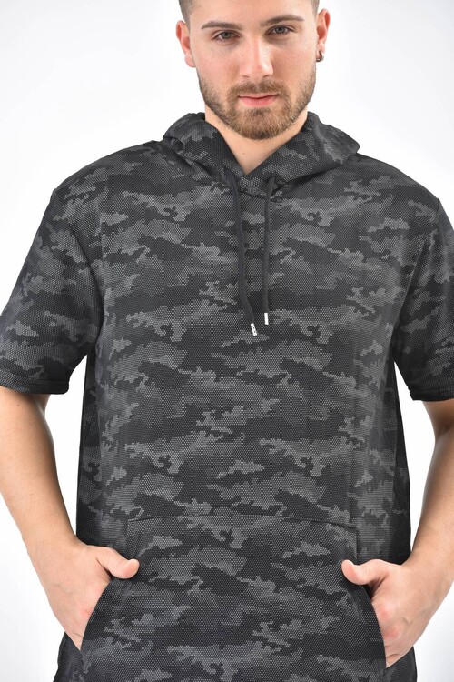 Anthracite Camouflage Pattern Hooded Short Sleeve Sweatshirt