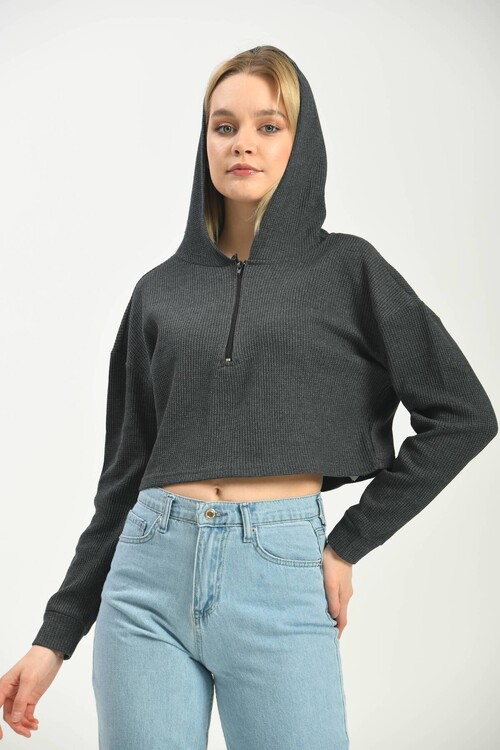 Antrasit Kapüşonlu Örme Crop Bluz