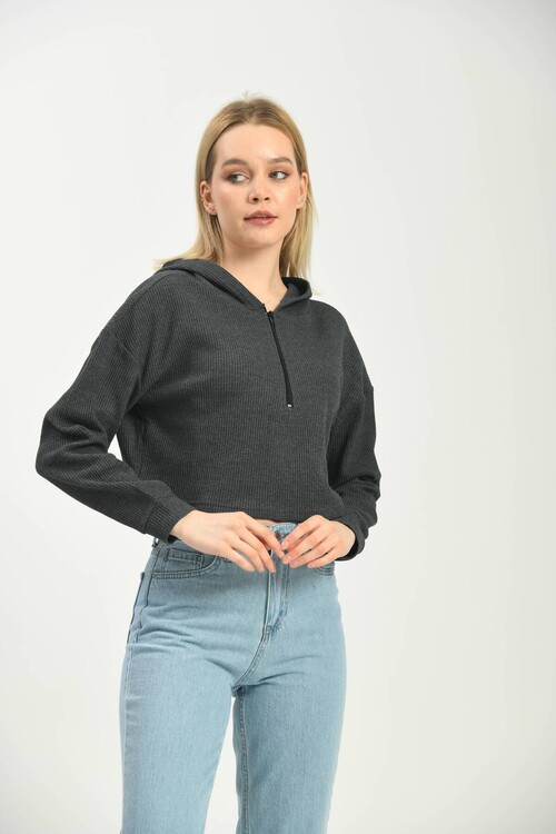 Antrasit Kapüşonlu Örme Crop Bluz