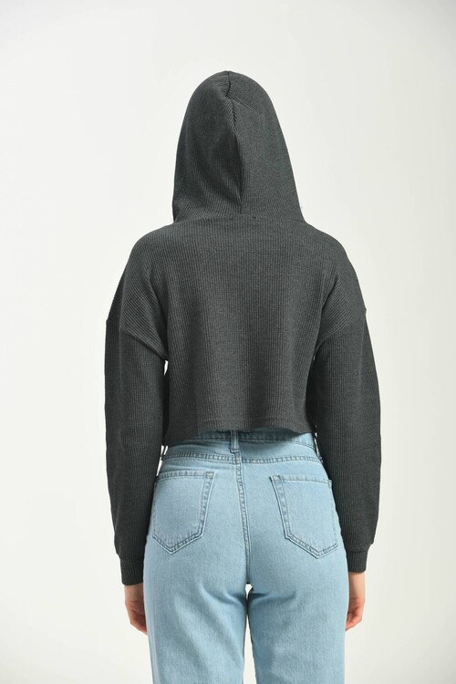 Antrasit Kapüşonlu Örme Crop Bluz