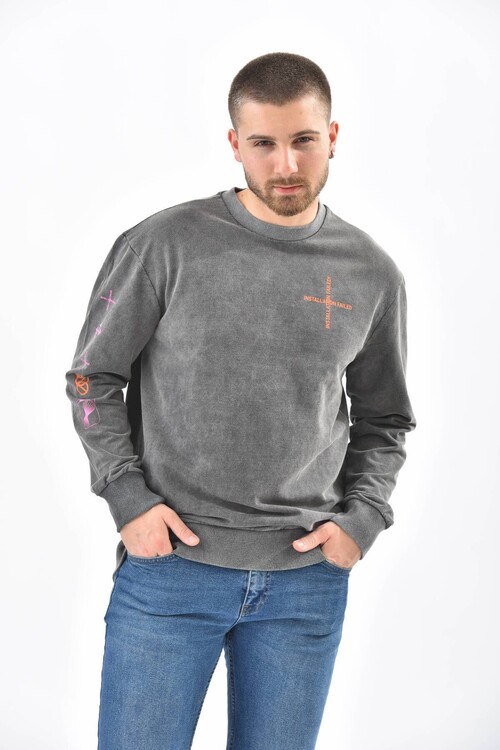Antrasit Kol ve Sırt Baskı Detaylı Sweatshirt