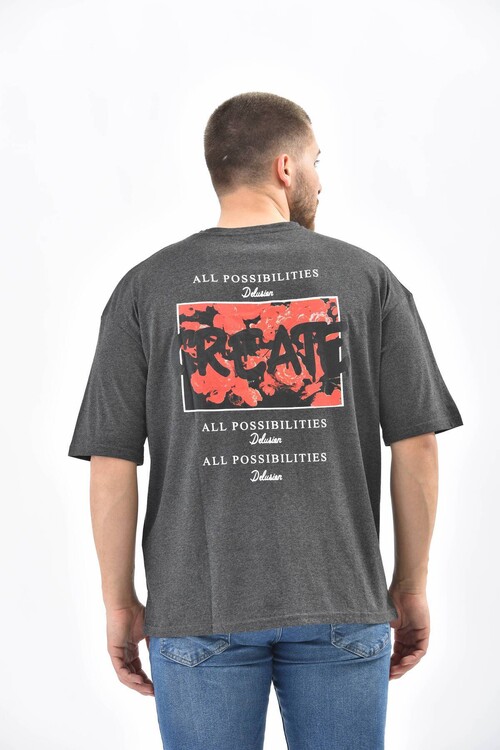 Anthracite Back Print Detailed Short Sleeve T-Shirt