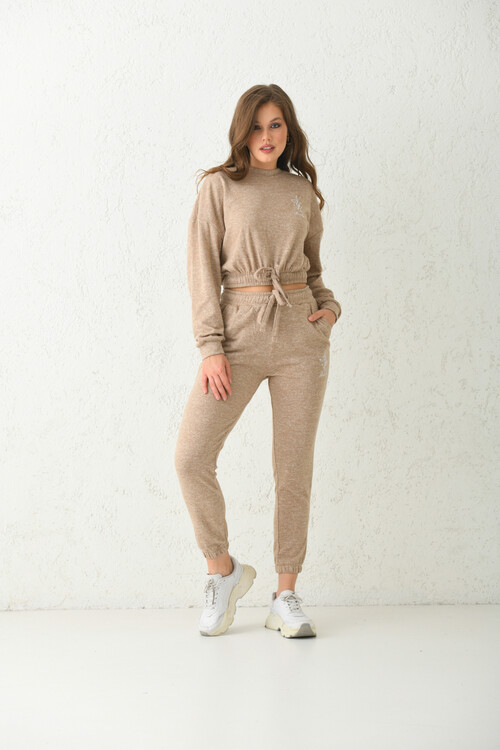 Beige Lacing Detailed Knitted Tracksuit Set