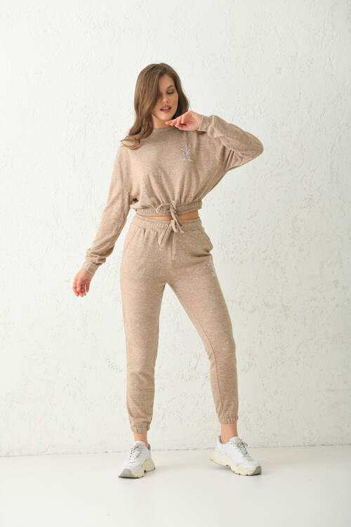 Beige Lacing Detailed Knitted Tracksuit Set