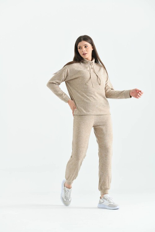 Beige Turtleneck Soft Knitted Pajamas Set