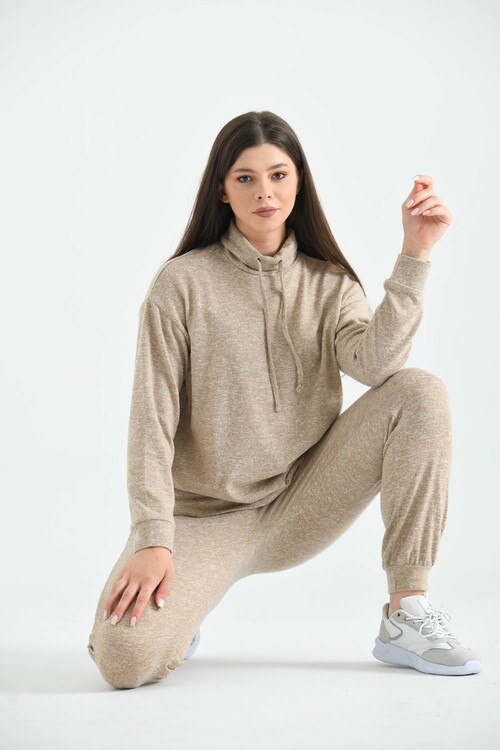 Beige Turtleneck Soft Knitted Pajamas Set