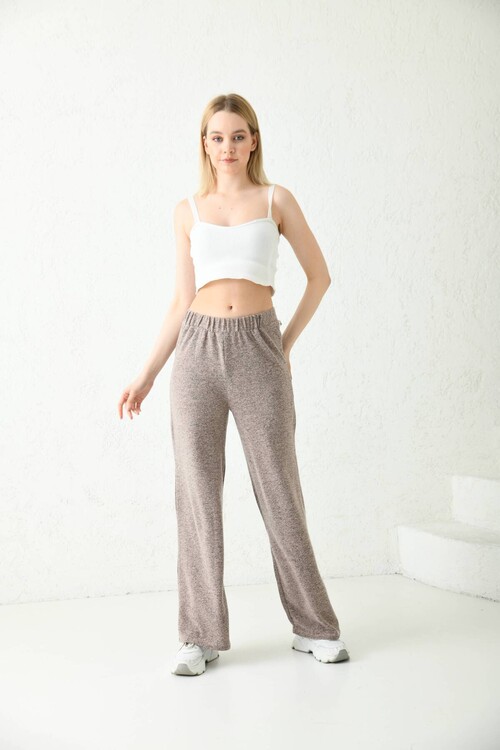Beige Elastic Waist Straight Leg Sweatpants