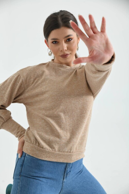 Beige Crew Neck Fluffy Knitted Blouse