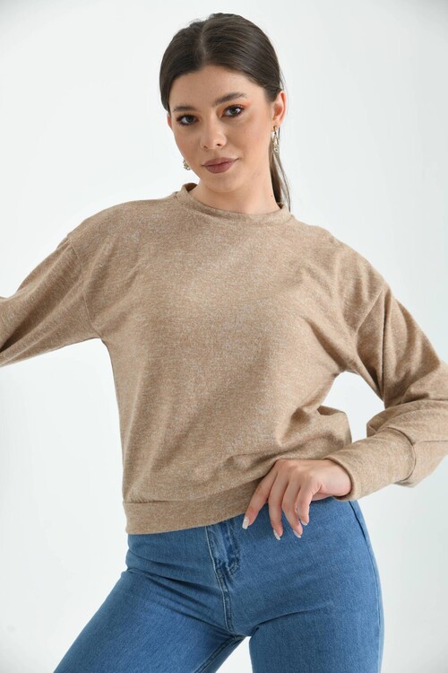 Beige Crew Neck Fluffy Knitted Blouse