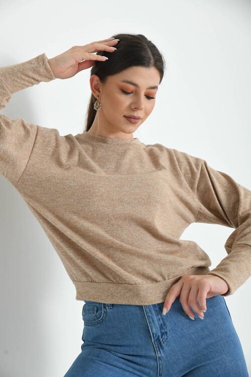 Beige Crew Neck Fluffy Knitted Blouse