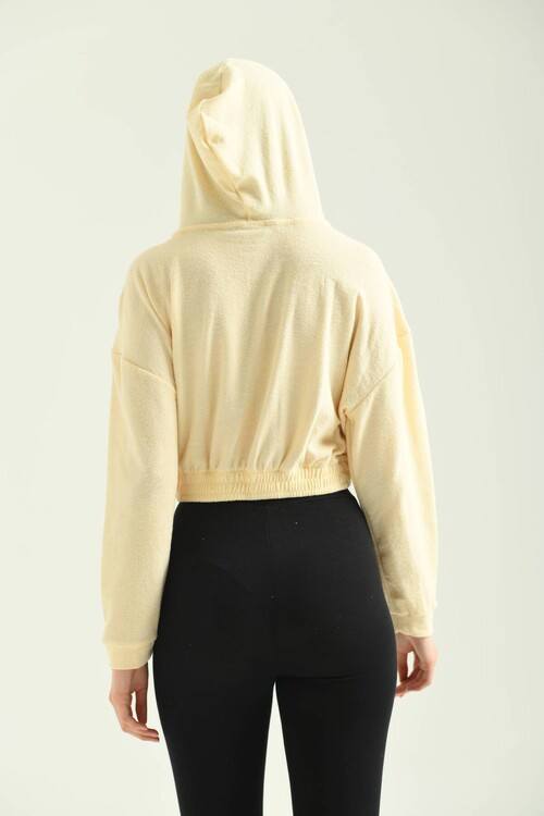 Beige Snap Detail Hooded Crop Terry Fabric Sweatshirt
