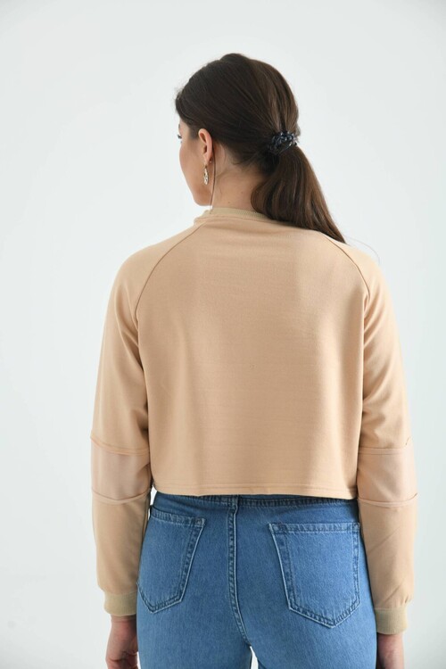 Beige Crop Slim Knitted Sweatshirt