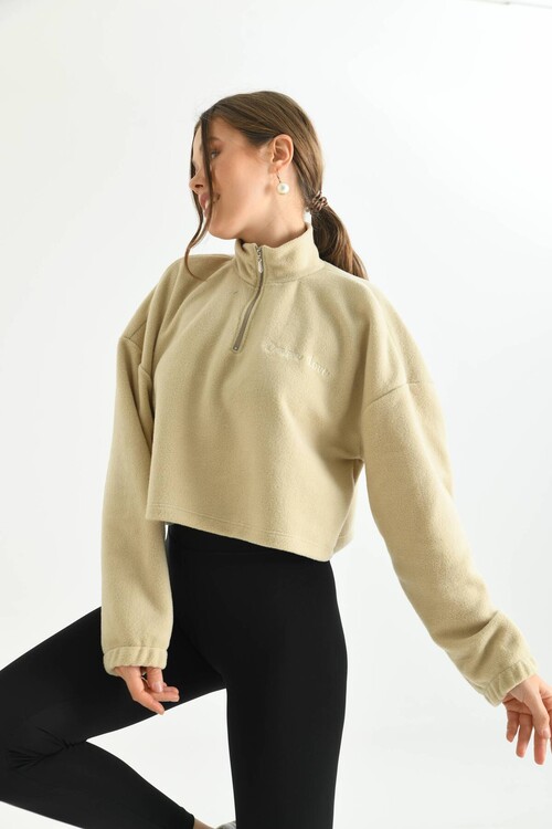 Beige Zipper Detail Embroidered Sweatshirt