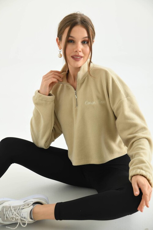 Beige Zipper Detail Embroidered Sweatshirt