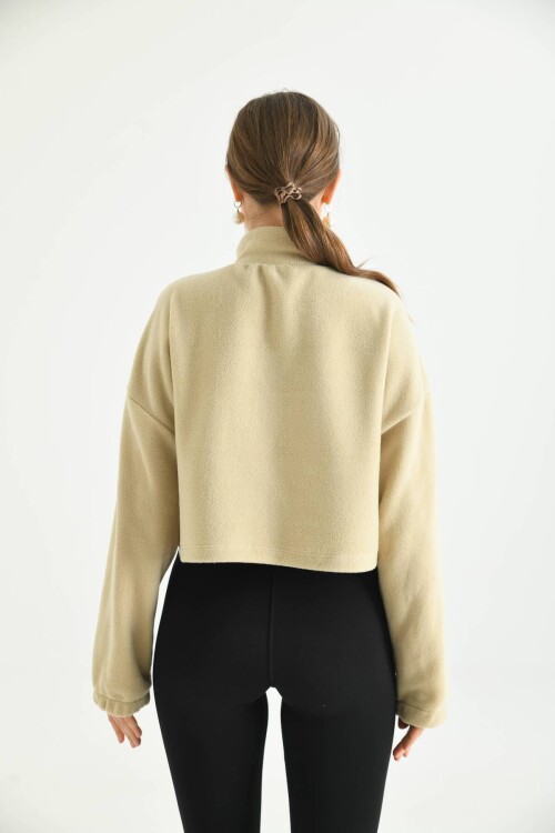 Beige Zipper Detail Embroidered Sweatshirt