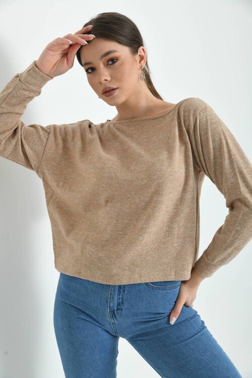 Beige Boat Neck Fluffy Knitted Blouse