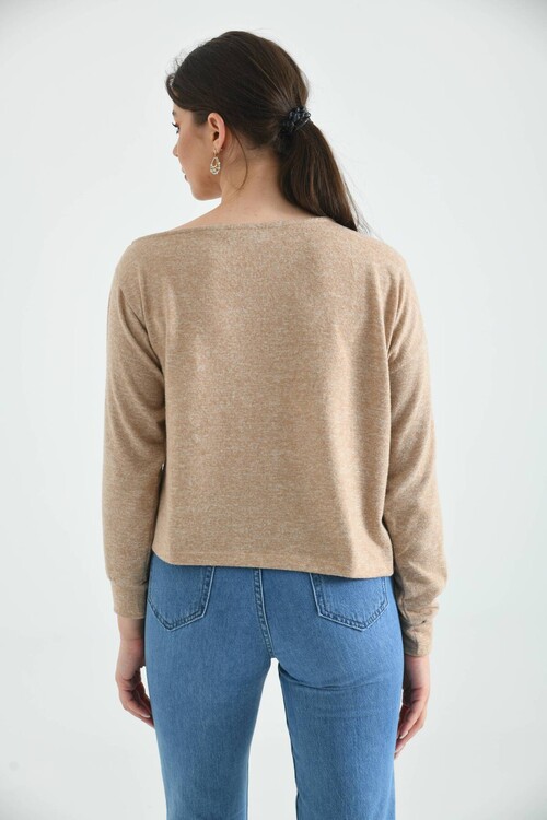 Beige Boat Neck Fluffy Knitted Blouse