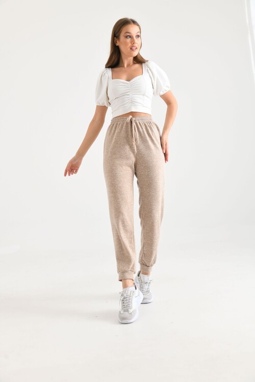 Beige High Waist Elastic and Tie Detail Soft Knitted Sweatpants