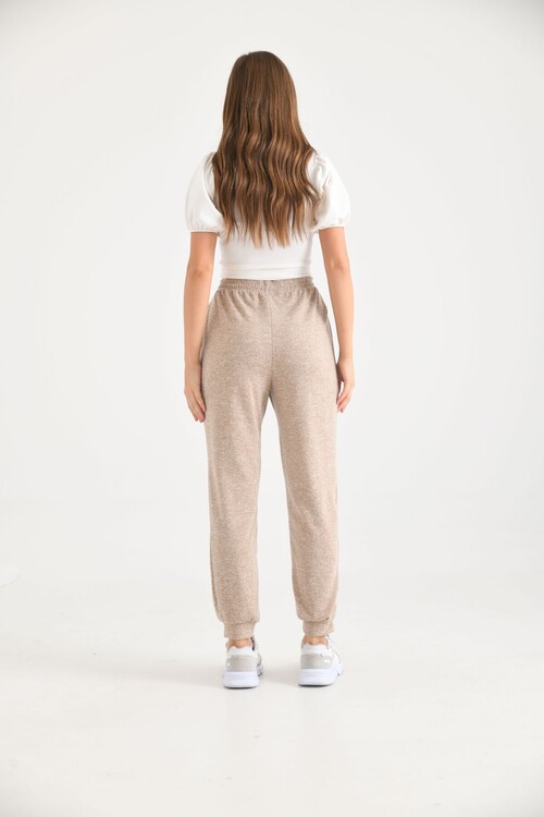 Beige High Waist Elastic and Tie Detail Soft Knitted Sweatpants