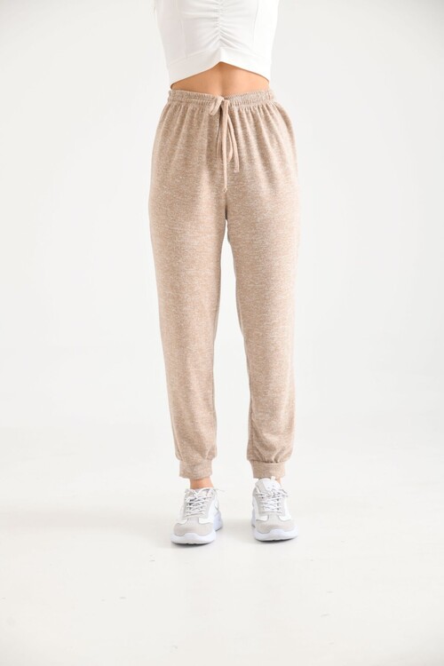 Beige High Waist Elastic and Tie Detail Soft Knitted Sweatpants