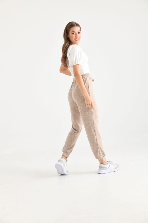 Beige High Waist Elastic and Tie Detail Soft Knitted Sweatpants